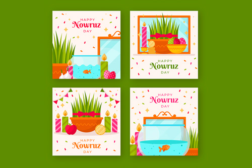 وکتور لایه باز EPS و Ai قالب پست اینستاگرام هفت سین شامل ماهی و تخم مرغ رنگی و سبزه و آینه و سیر و سکه و سیب ویژه عید نوروز 